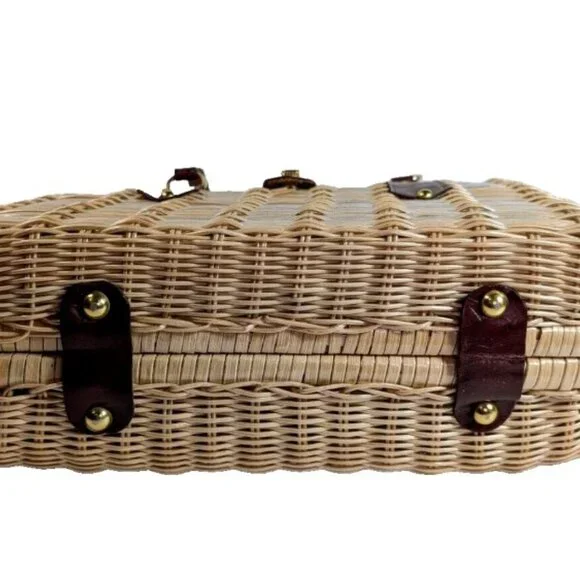 VTG Handwoven Wicker Basket Satchel Handbag Tan Leather-Brass Accents Hong Kong - Picture 7 of 11